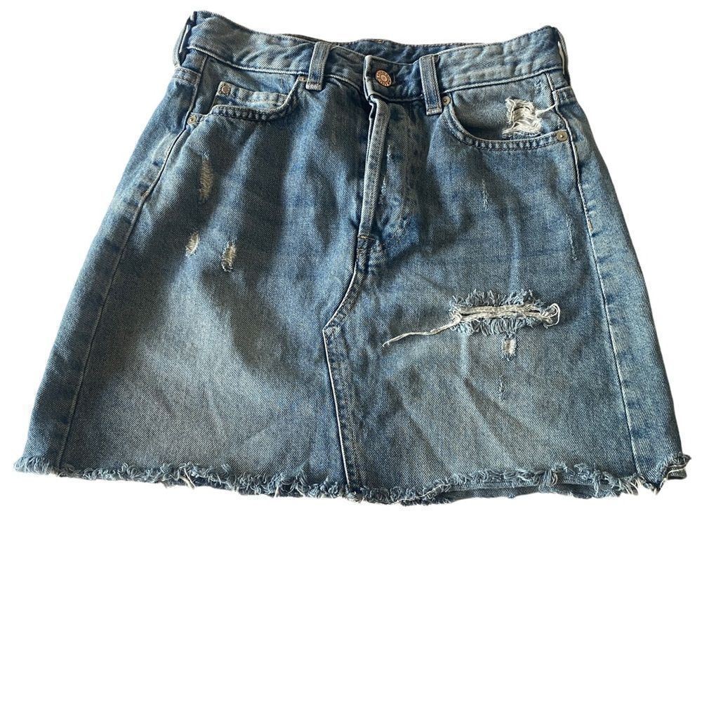 & Denim Distressed Button Up Mini Skirt Sz 4‎